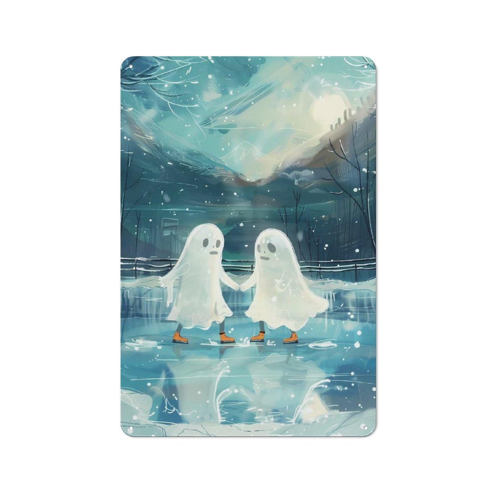 Junmoney Ghost Couple Ice Skating Winter Snow Metal Plaque 30X20cm With For Hallway Wall, Rustic Decor, For Garage, Workshop And Man Cave Decoration