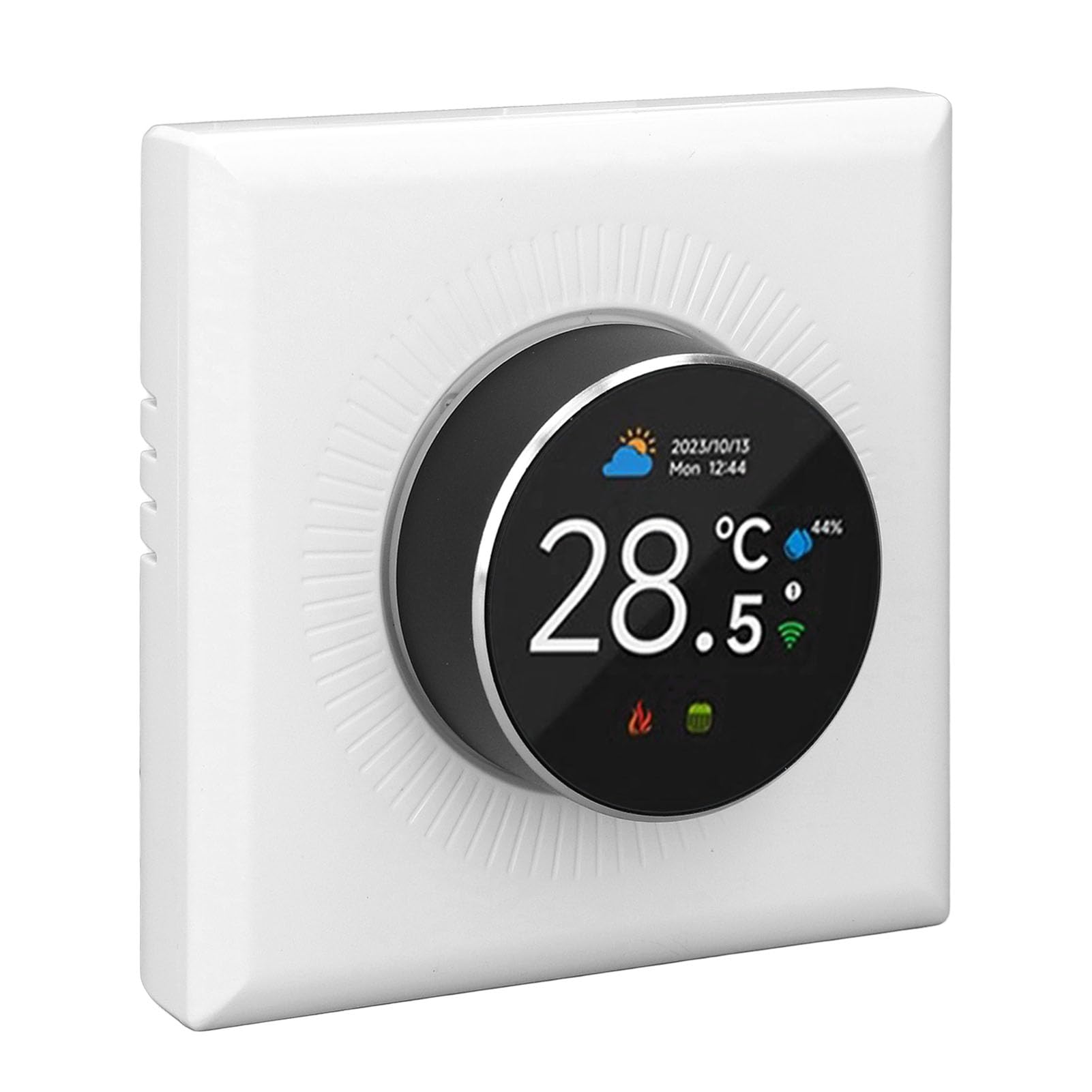 Witte Elektronische Programmeerbare Digitale Thermostaat Op De Lichte Ruimteachtergrond Van Het Muurexemplaar Klimaatcontrole Image138355413