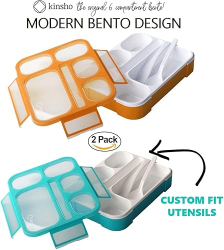 Miniatura 2 de kinsho Caja Bento para niños, loncheras con 6 compartimentos para la escuela, niños y niñas, adultos, a prueba de fugas, sin BPA, verde azulado +