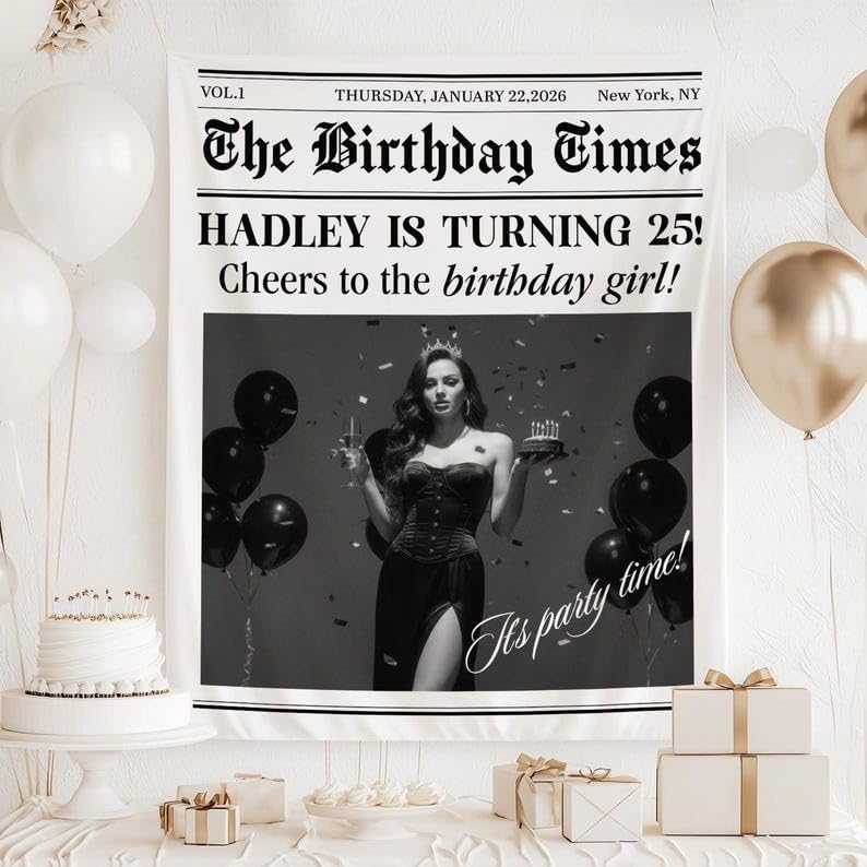 Personalized Birthday Times Newspaper Tapestry - Custom Photo Backdrop Milestone Birthday Party Decorations Unique Newspaper Wall Hanging for Birthdays Anniversary Events Party Supplies Gift
