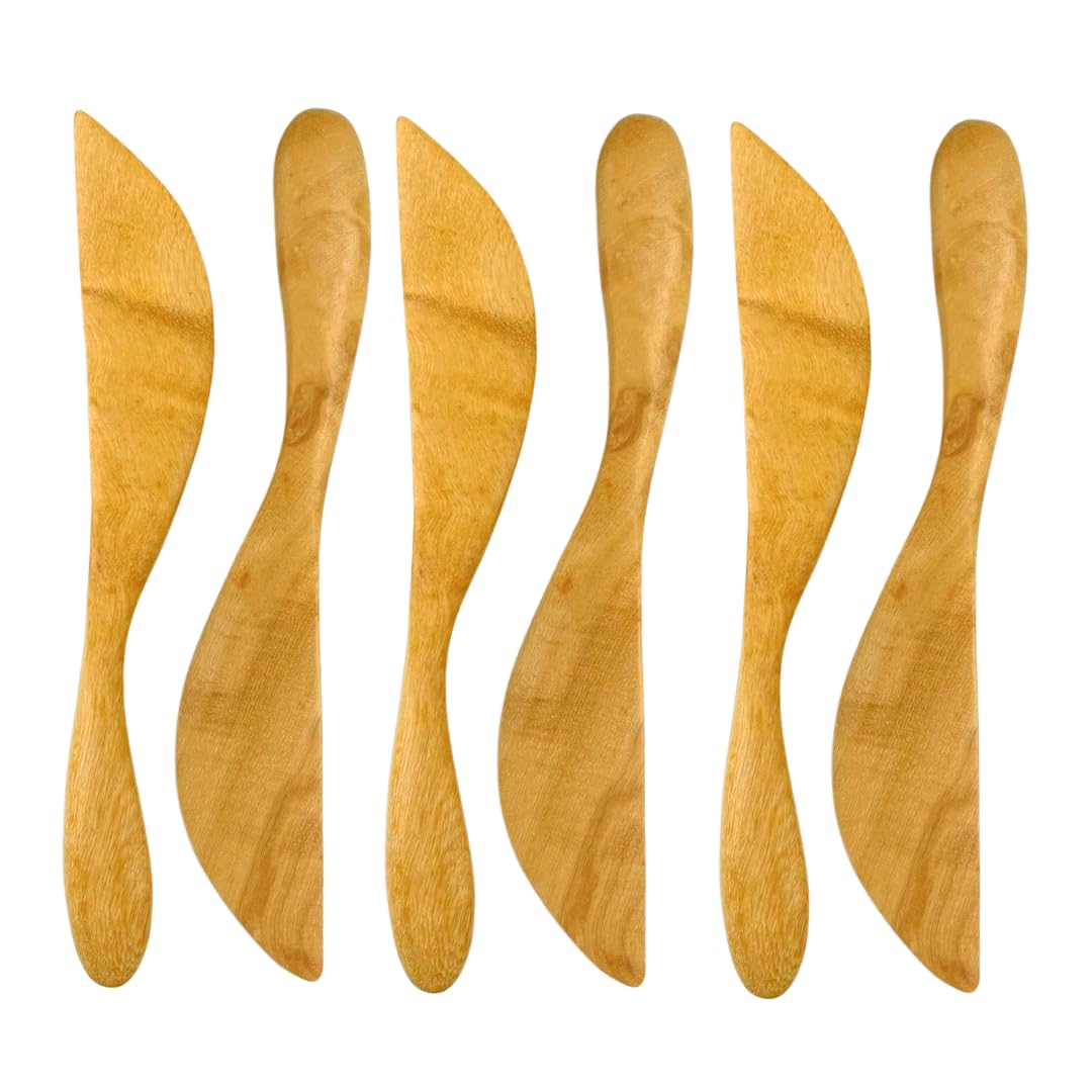 Natural Wood Spreader Knives, 6 inch Butter Spatulas, Set of Small Condiment Knives for Kitchen (6)