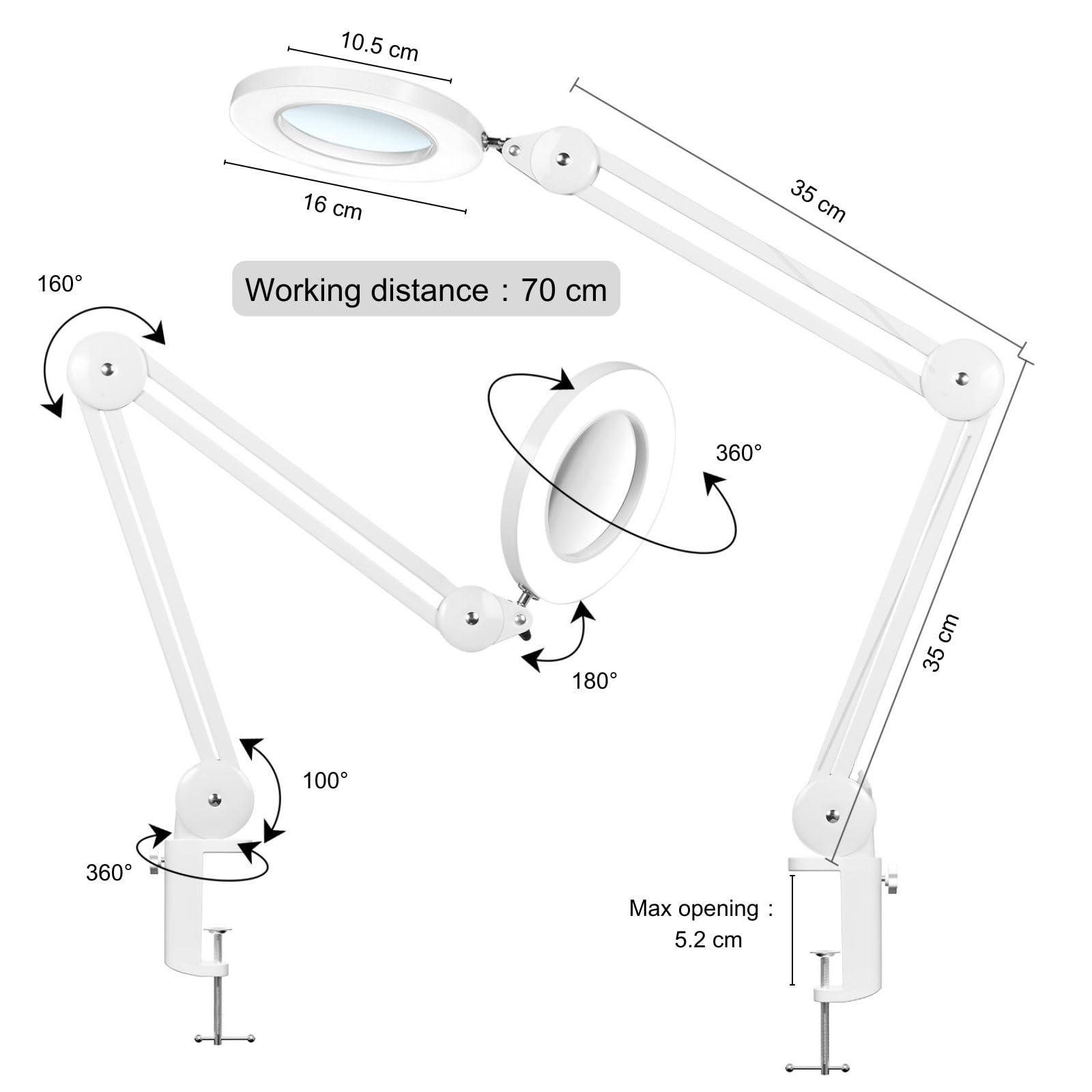 lampa powiększająca LED, 5X powiększenie ze stopniowym ściemnianiem, 3 tryby kolorów, szklana soczewka o średnicy 105 mm, wytrzymałe metalowe ramię wahadłowe, regulowany zacisk, biały, tylko w Wielkiej Brytanii