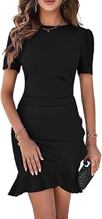2025 Women's Summer Elegant Mini Dress Short Sleeve Ruched Ruffle Hem Formal Party Wedding Guest Work Dress
