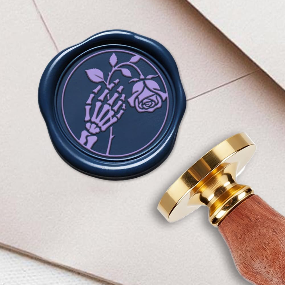 PRESSINART Rose Wax Seal Stamp 0.98 Inch Skull Wax Stamp Halloween Skeleton Rose Pattern Removable Brass Head Sealing with Wooden Handle for Birthday Wedding Card Envelope Party Gift Wrap DIY Crafts
