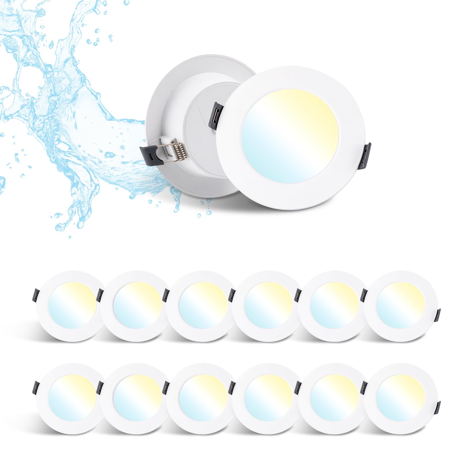 Grebeam 12 Pack LED Recessed Downlights, 5W, IP44 Bathroom & Kitchen Ceiling Spot Lights, 3CCT Adjustable (3000K/4000K/6000K)