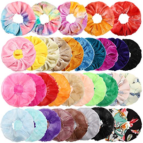 34pcs Hair Scrunchies Velvet Elastic Hair Bands Chiffon Bobbles Hair Scrunchy Ropes Ponytail Holder for Women, Girls
