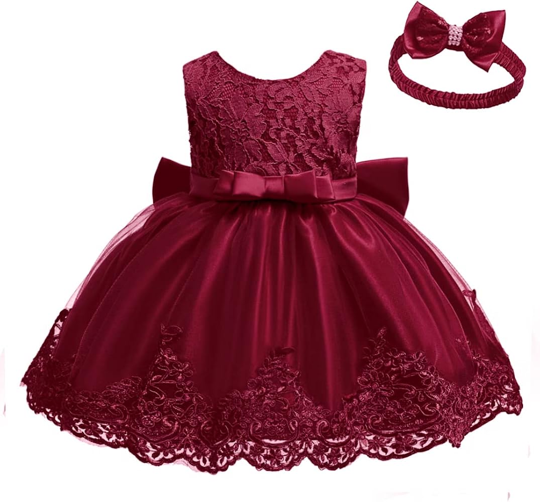 burgundy infant dress Newborn Baby Girls Formal Dress Infant Birthday Party Lace Frocks Easter  Dresses with Headwear (Burgundy 8348,3M): Clothing, Shoes & Jewelry