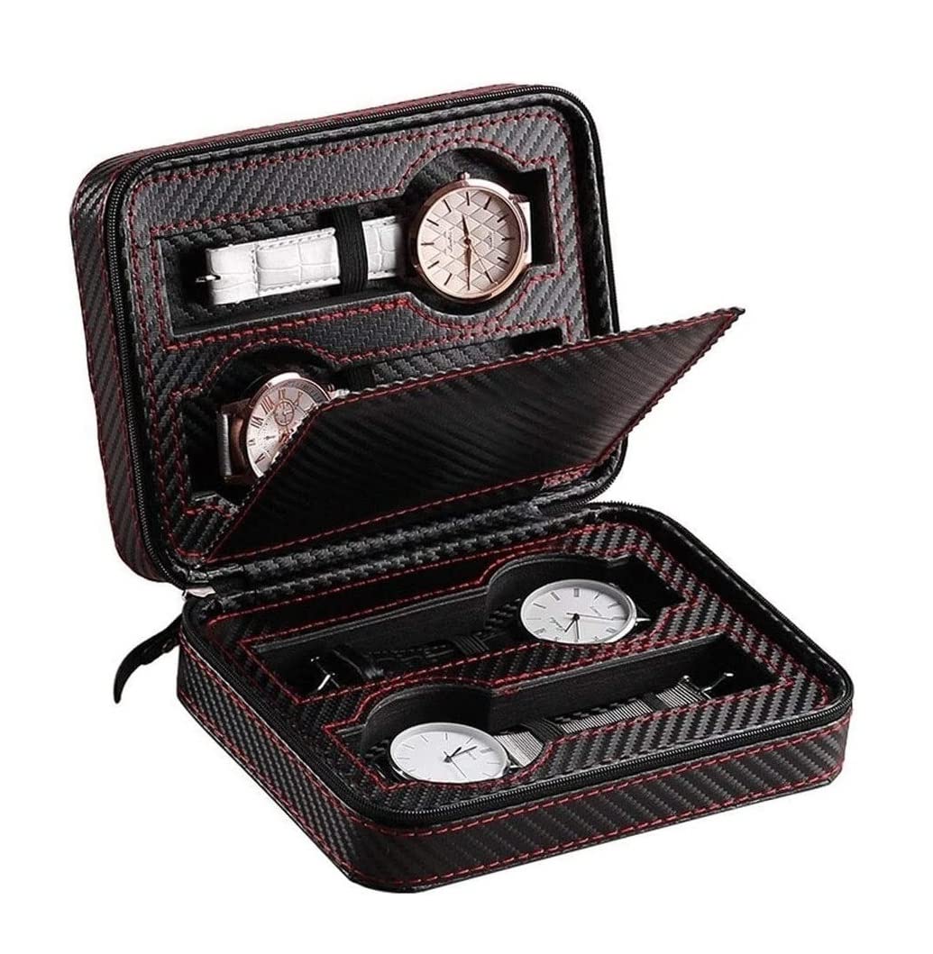 ANVLOJRIH KYUSAR Watch Box Watch Organizer 4 Slots Watch Display Storage Box Portable Jewelry Box Zipper Box Carbon Fiber Watch Boxes Watch Case Watch Holder (Blue : Onecolor)