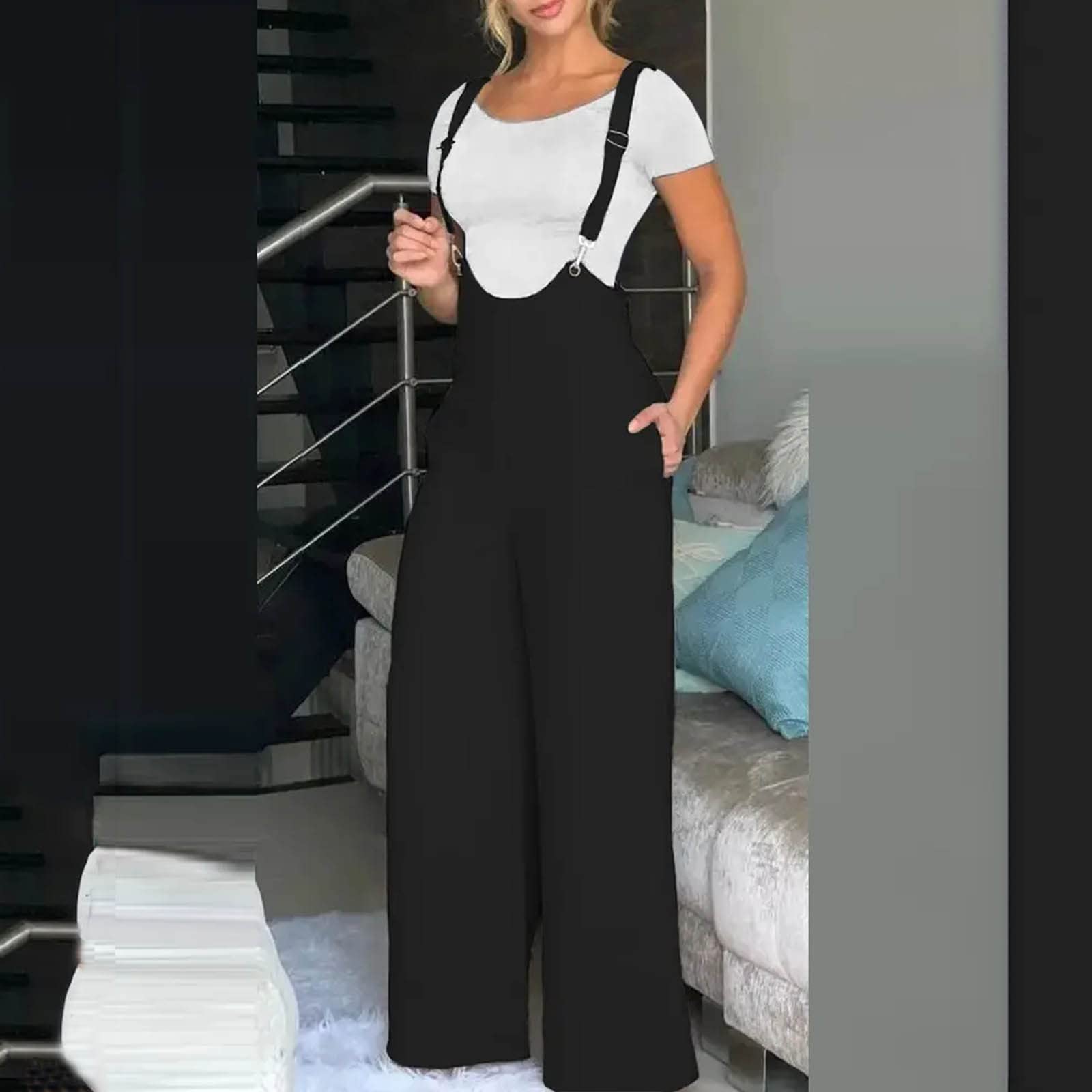 Generisch Peto para mujer, vaqueros holgados, mono largo de verano, pantalones de trabajo, elásticos, informales, monocolor, con bolsillos, pantalones harén, sin mangas, pantalones de chándal