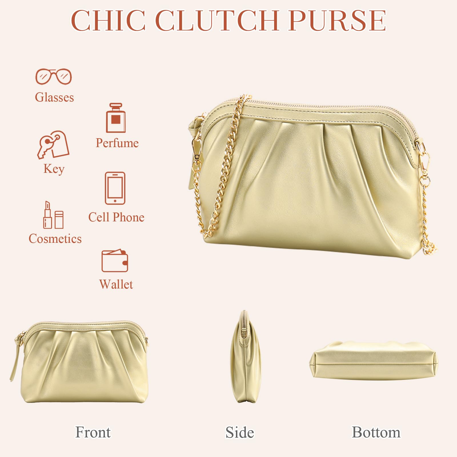 VASCHY Pochettes et Clutches Femme, Élégant Plissé Pochette Mariage en Cuir PU Souple Petit Sac de Soirée Cérémonie Sac Bandoulière Femme avec Chaîne