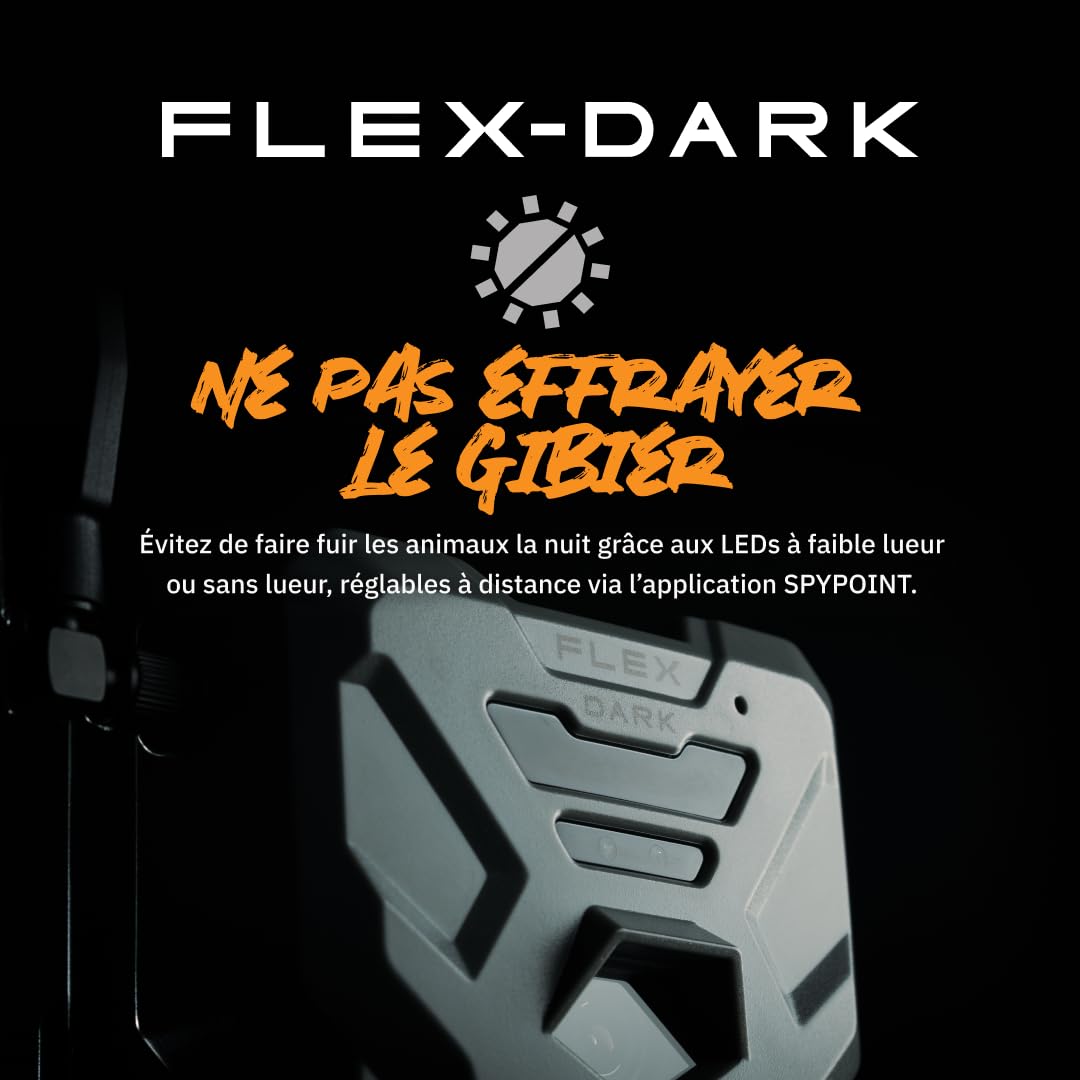 SPYPOINT Flex-Dark Caméra de Chasse cellulaire 40MP, vidéo 1080p avec Son, Vision Nocturne sans Lueur, détection 30 m, sans Wi-FI, Infrarouge Invisible, pour Sentier et gibier | SIM préactivée, 8 piles AA requises, Sangle incluse, Détection 30m, Compatibl