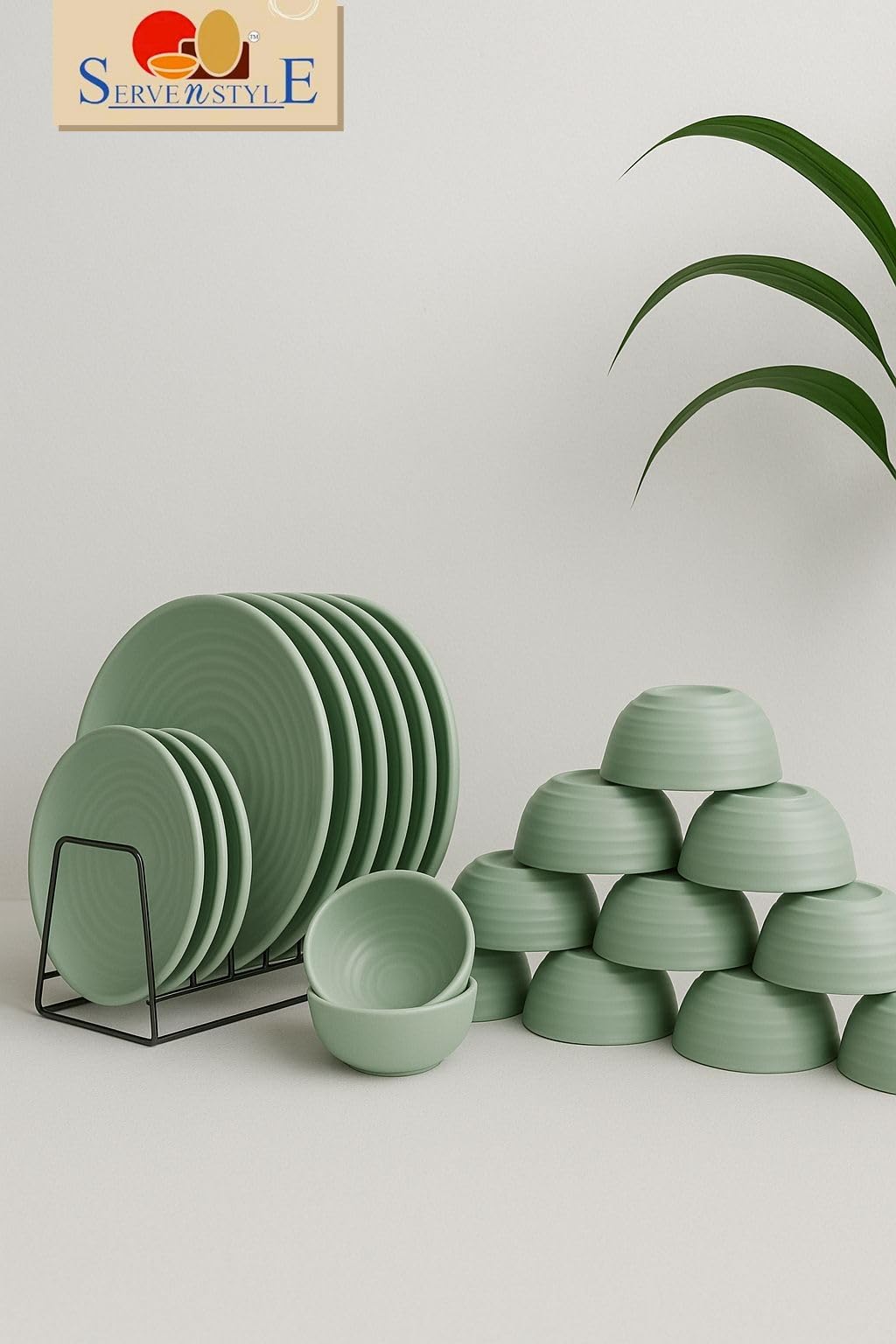 Green Dinnerware Set - 24 Piece Melamine Plates & Bowls -3