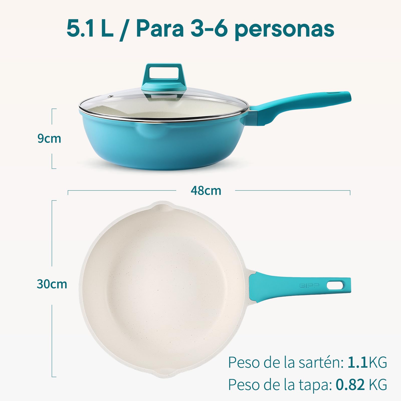 GiPP SartéN Antiadherente Con Tapa, SartéN Profunda De 30 Cm Y 5.1L, Sarté De CeráMica, Mango Que Se Mantiene FríO, SartN De InduccióN, Saludable Y No TóXica,azul
