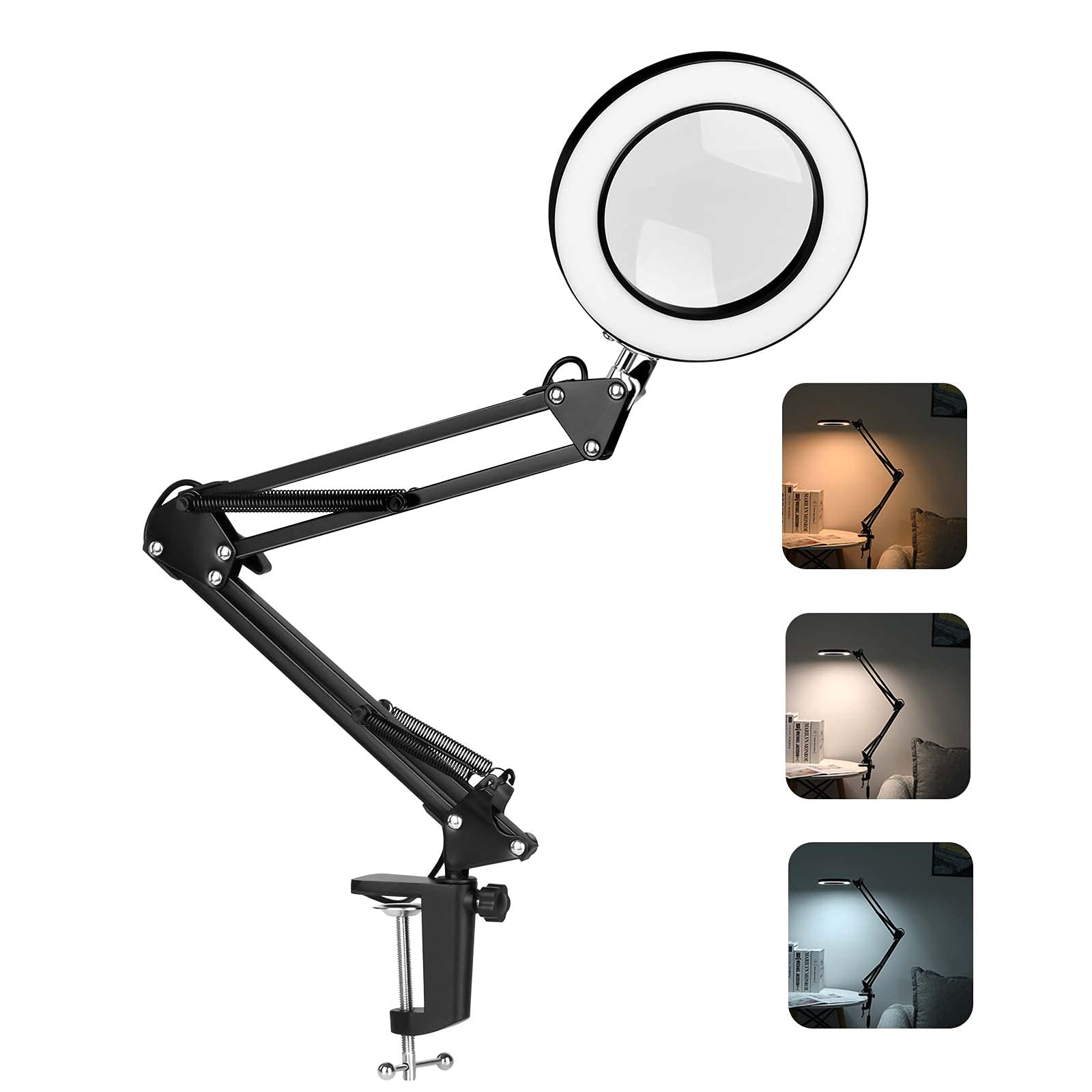 DylviwMagnifying Glass with Light and Stand, 3 Color Modes Stepless Dimmable, 3-5 Diopter Glass Lens, Adjustable Swivel Arm, LED Magnifier Desk Lamp for Close Work, Repair, Crafts, Reading - Black