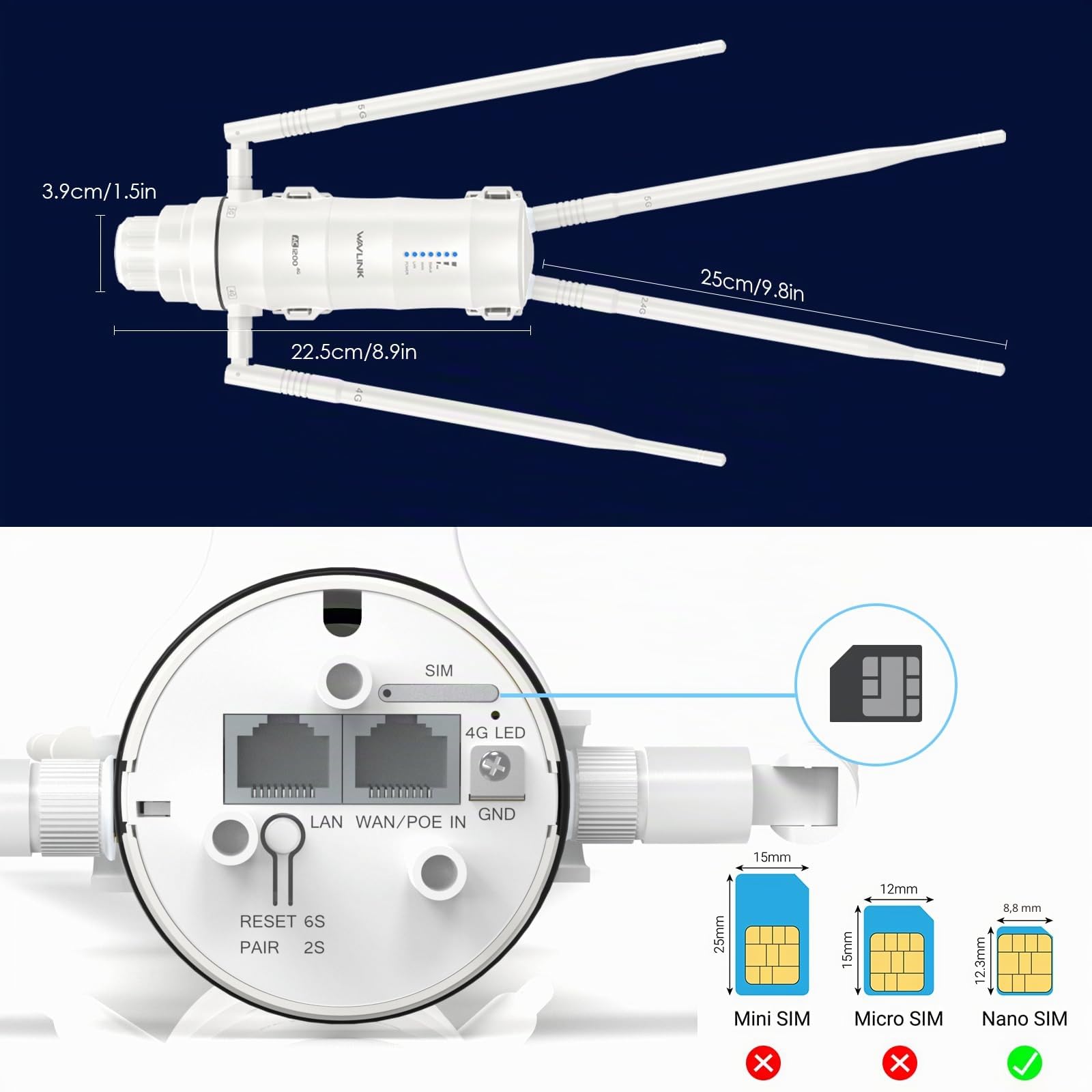 Répéteur WiFi Extérieur Puissant Wavlink AC1200-4G LTE Double Bande Haute Puissance avec Antenne Longue Portée et Slot Carte SIM - Amplificateur Outdoor PoE pour Couverture Étendue