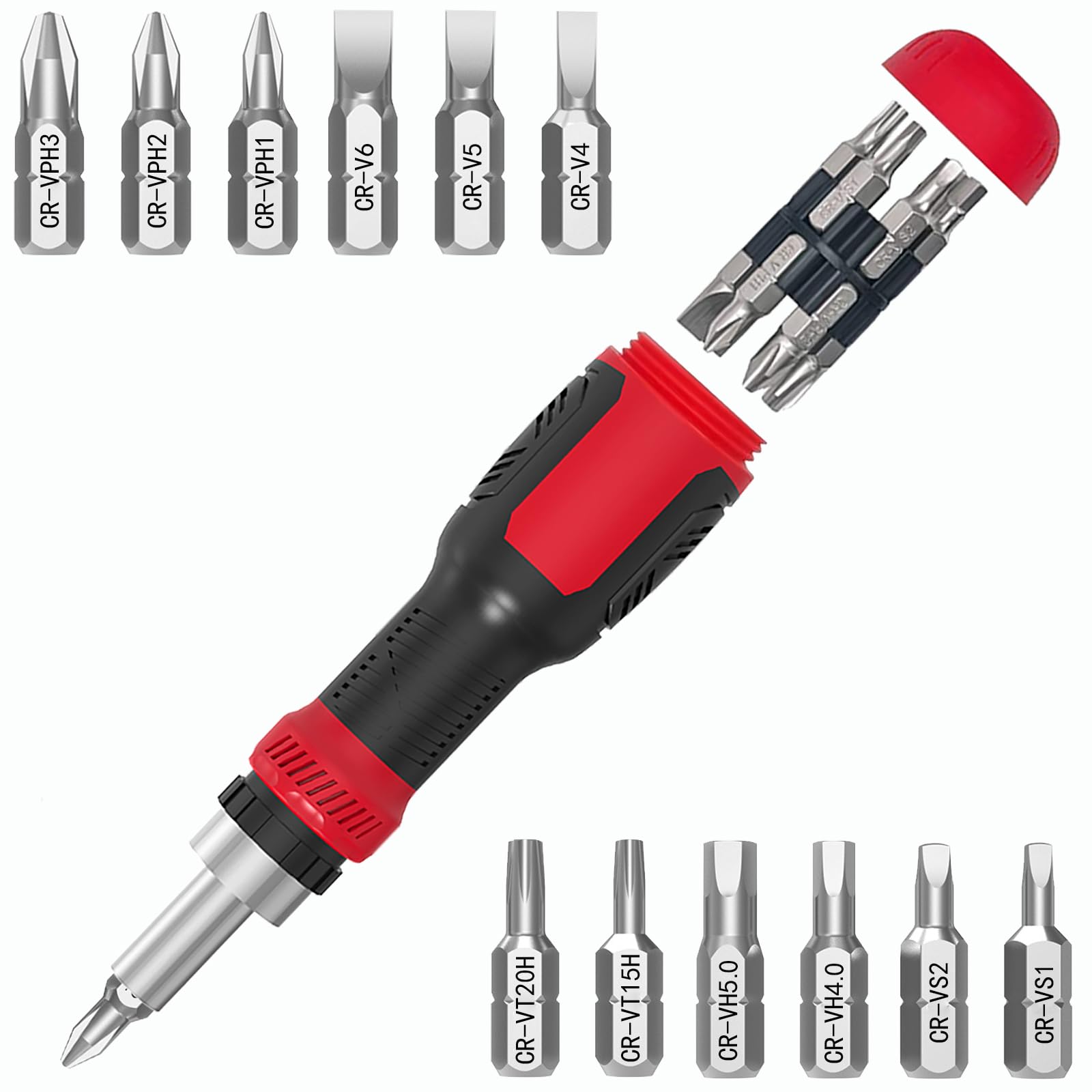 Multi-bit Screwdriver, 13-in-1 Screw Driver Adjustable Mini Screwdriver Set Multitool All in One with Torx Security, Phillips, Hex, Flat Head, Square and 1/4 Nut Driver (Red)