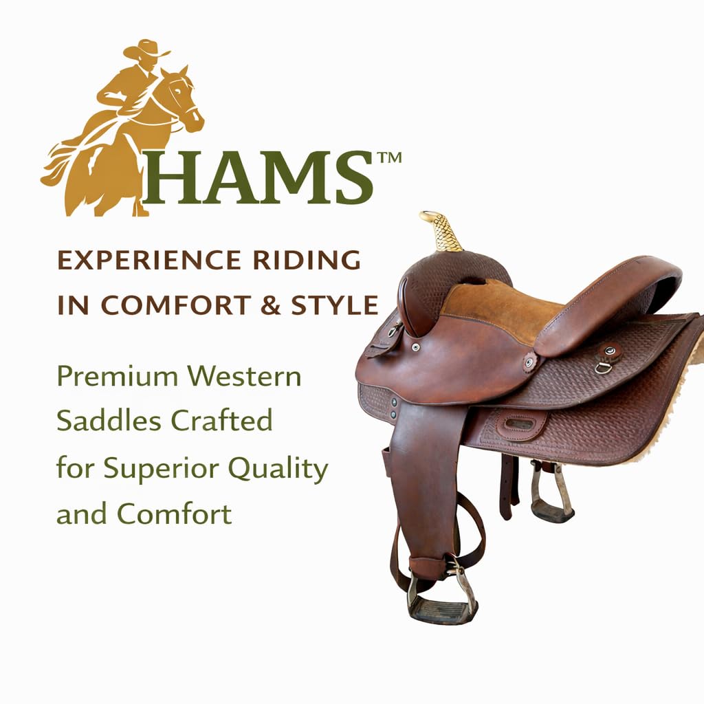 HAMS Silla de Montar Western, Cuero Genuino, Asiento Acolchado de Ante, Diseño Artesanal, Estribos Ajustables para Equitación