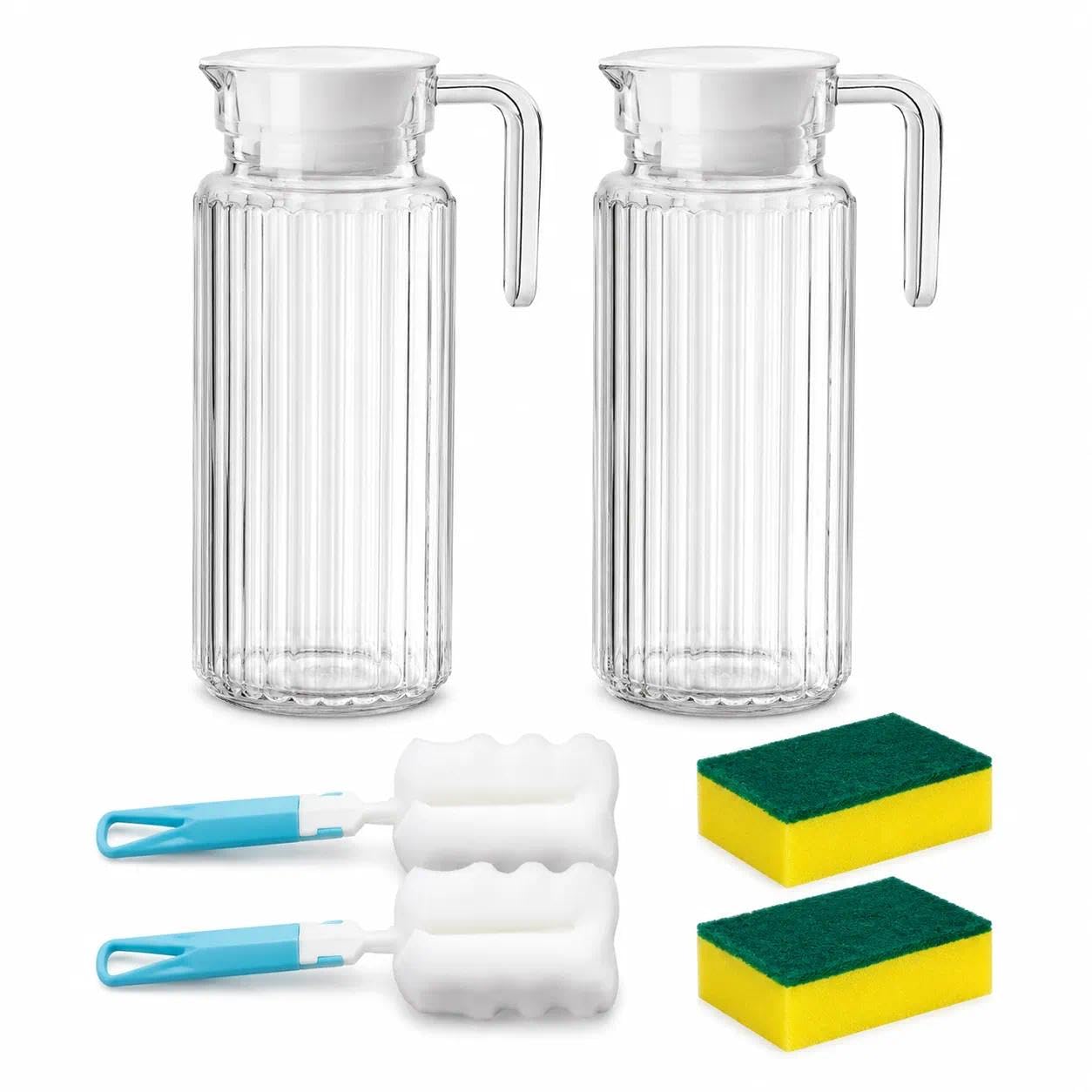 2PCS Acrylic Water Jug with Lid, 1.1L Transparent Striped Fridge Jug Set