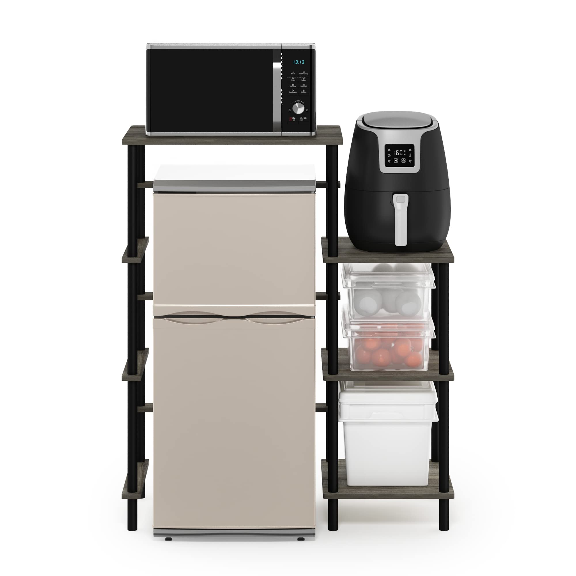 Furinno Turn-N-Tube Scaffale da Cucina Senza Attrezzi Alto, Legno ingegnerizzato, Rovere Francese Grigio/Nero, 39.6 (D) x 97.3 (W) x 117.9 (H) cm