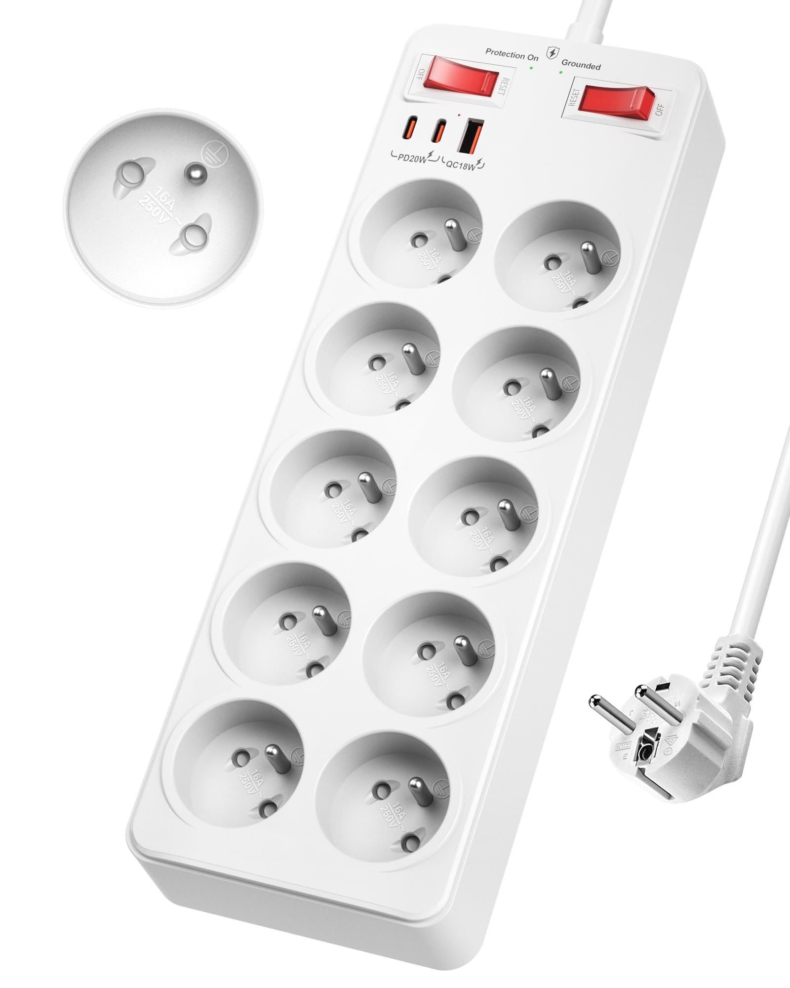 Listwa Zasilająca Przeciwprzepięciowa, Listwa Zasilająca z 10 Gniazda Elektryczne Polskie 16A 2P+T, Wielokrotne Gniazdo z Wyłącznikiem Przeciwprzeciążeniowym i ładowaniem USB C, 2 m Kabel, Białe
