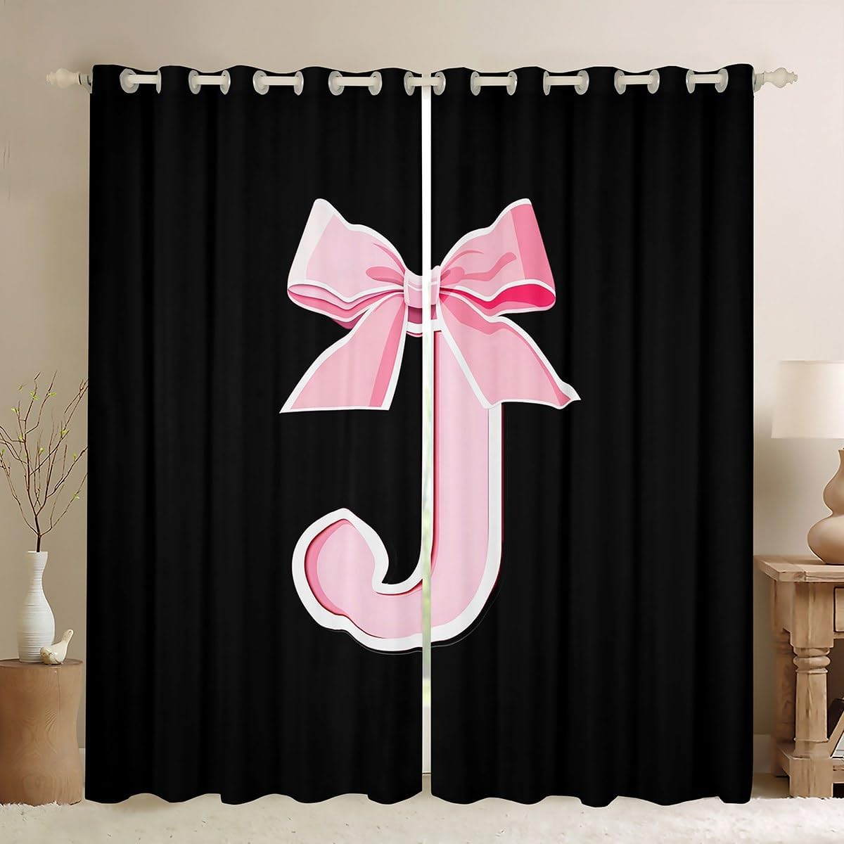 jejeloiu Kids Girls Black Pink Bow Curtain (2 Panels,52 x 84 Inch) Monogrammed Window Drapes Personalized Initial J Blackout Shades Fashion Room Darkening Curtain Bowknot Window Treatments