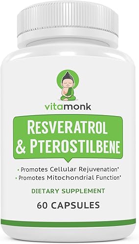 VitaMonk Resveratrol con pterostilbeno 600 mg/60 mg - Sin rellenos artificiales Suplemento de envejecimiento saludable y longevidad - 60 cápsulas -