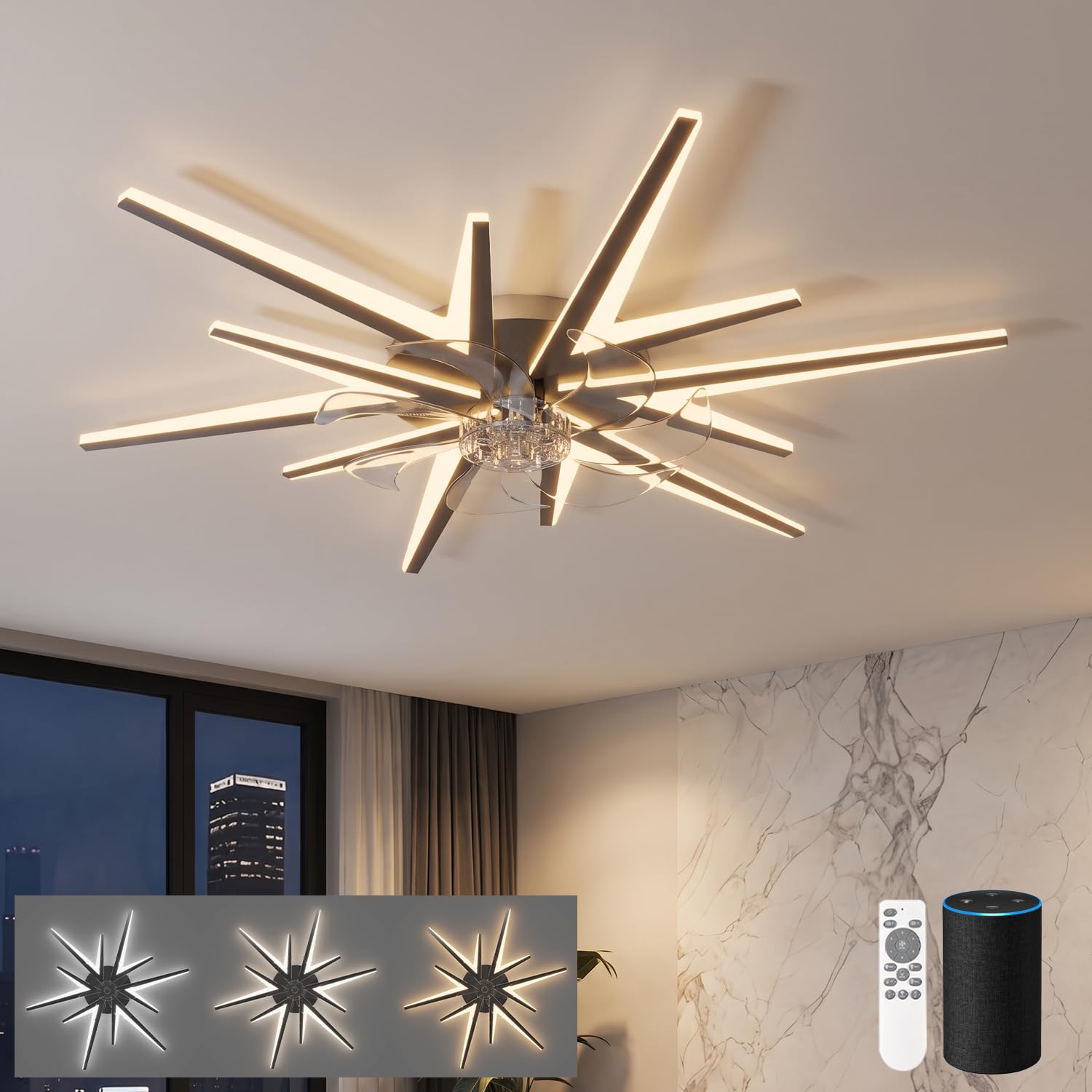 LJX 92cm Modern Ceiling Fans with Lights, Compatible with Alexa(2.4GHz WiFi), 72W Dimmable LED, Silent 6-Speed Reversible Chandelier Fan Light for Bedroom Lounge, Black