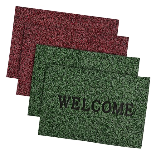 Image of Kuber Industries Pack of 4 Anti-Slip Welcome Print Grass Door Mats for Home| (16x24 Inch) Main Entrance Footmats for Bathroom, Living Room & Office | Grass Cut -Red & Green