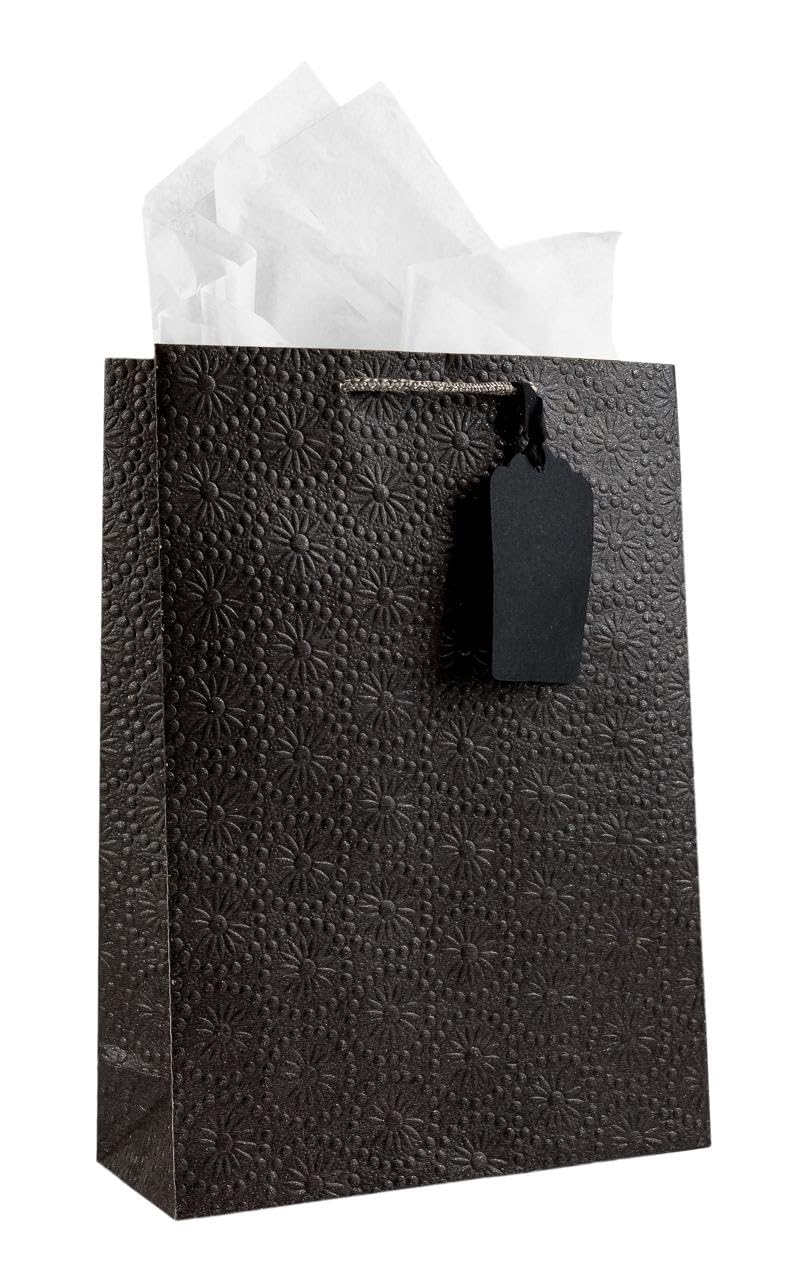 KidsyWinsy Pack Of 5 Black Embossed Gift Bags (Small,7 * 3 * 10.5 Inches) With Tissue & Thank You Card-Paper Gift Bag | Return Gift Bags For Pooja, Baby Shower, Festive Gifting, Birthday, Wedding