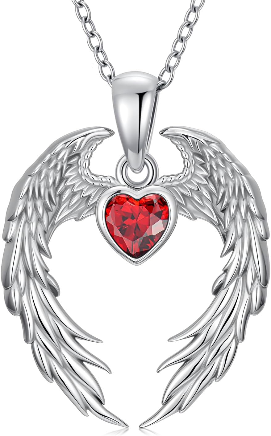 Angel Wings Necklace for Women 925 Sterling Silver Guardian Angel Wings Pendant Necklace Natural Garnet Necklace Holiday Anniversary Jewelry Gift