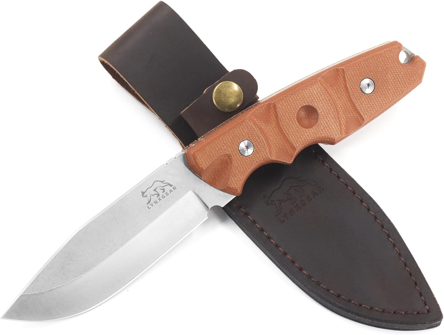 LYNXGEAR Fixed Blade Knife with Sheath, 4.5" D2 Blade Hunting Knife with Brown Micarta Handle, Perfect EDC Survival Bushcraft Beltknife for Men Women Brown&Greystonewash