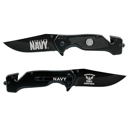 Navy Folding Elite Black Stealth Knife - USN Rescue Knife - Great Gift for the Sailor in your Life - Navy Knife Black - BLACK NAVY KNIFE