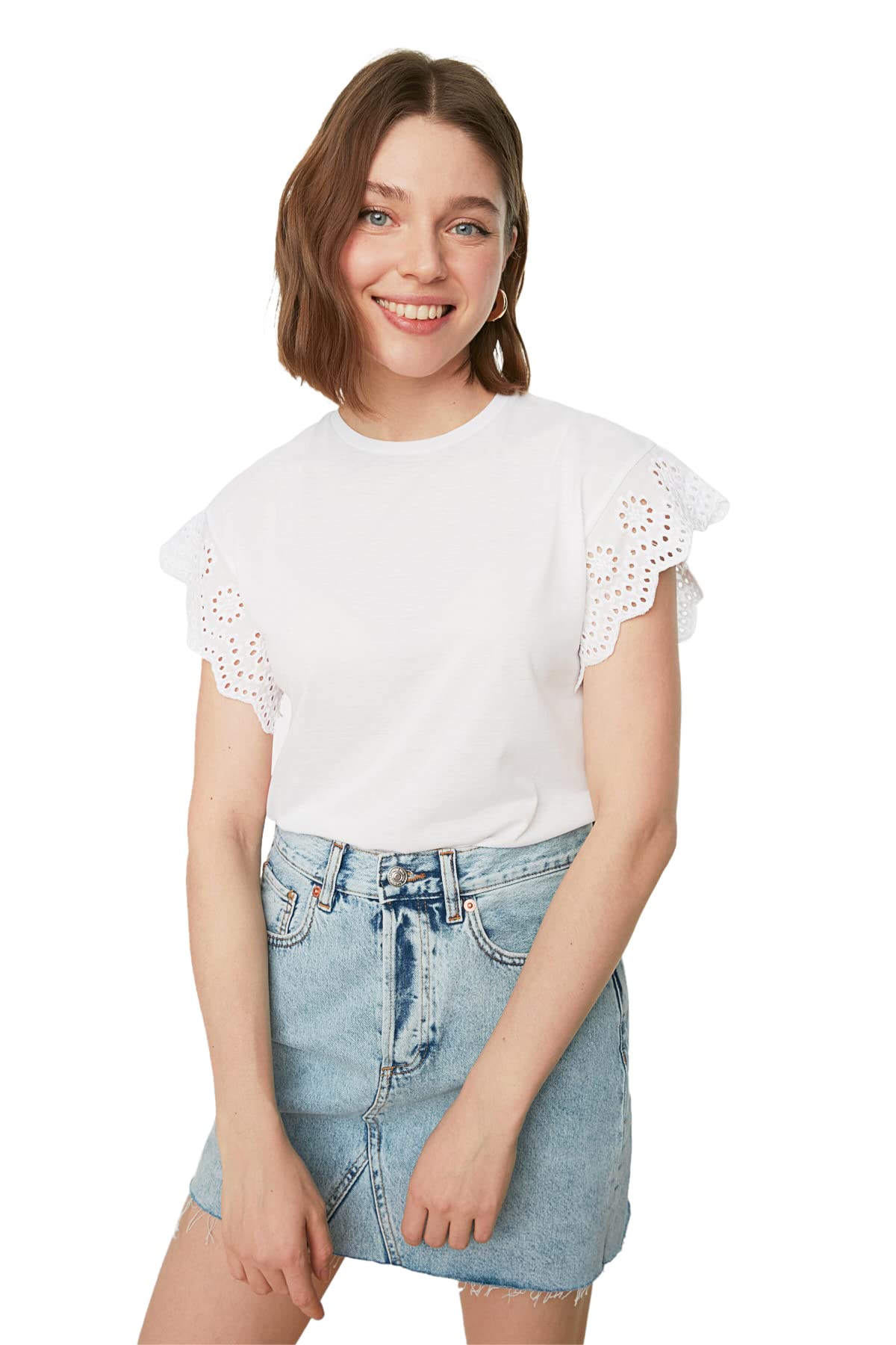 Trendyol Damen Weiß E Brode Detaillierte Gestrickte Bluse Blouse Westlich, L