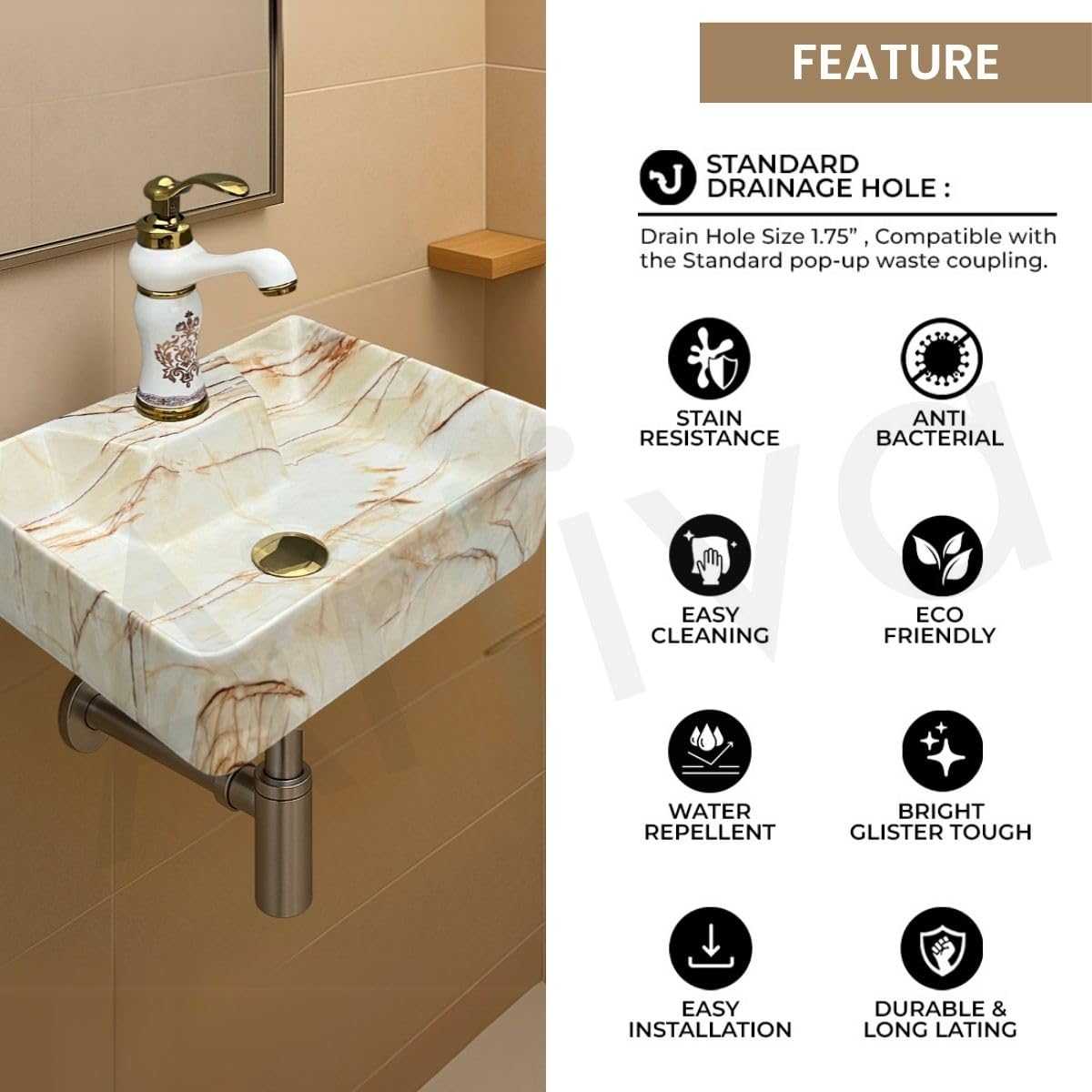 Artiva Marbo Beige Ceramic Wash Basin - Wall Mount Sink -7