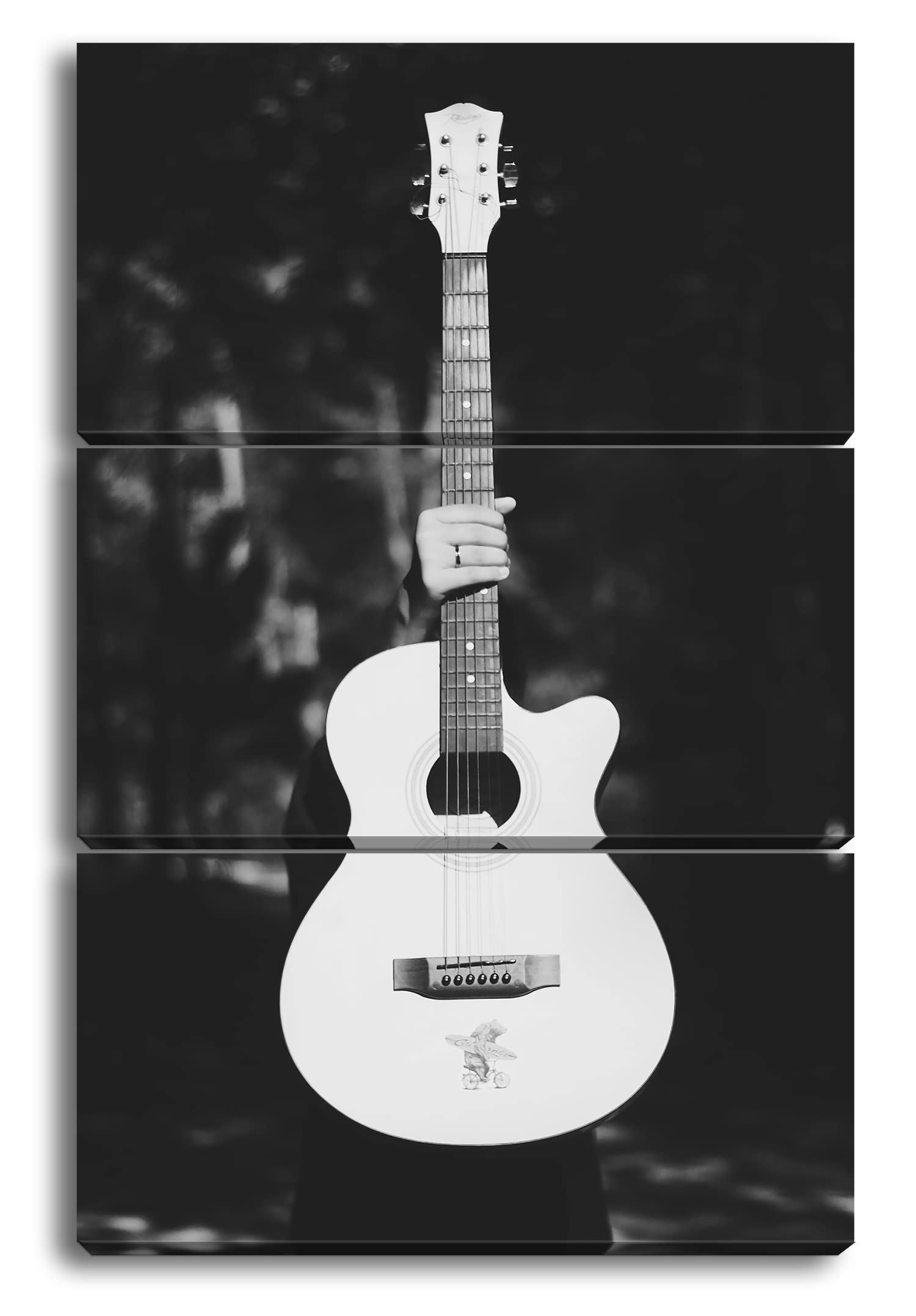 deyoli Chitarra acustica bianca Formato: 120 x 80 cm (3 pezzi). Effetto: bianco e nero come tela su tela, motivo già incorniciato su telaio in vero legno, stampa digitale di alta qualità con cornice