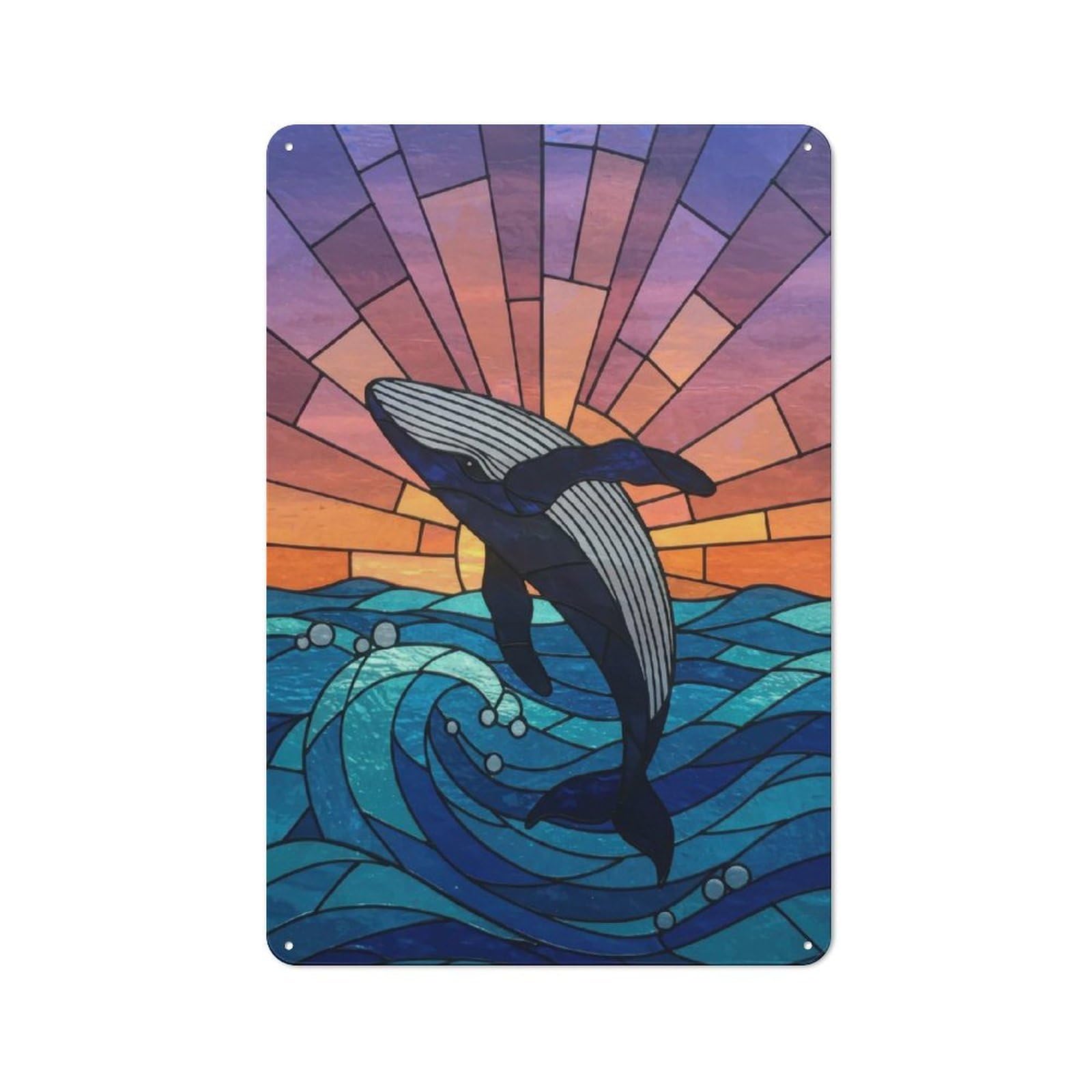 Junmoney Stained Glass Whale Leaping From Ocean Retro Metal Plaque 30X20cm For Living Room Or Hallway, For An Autumn Wall Display In Living Room And Hallway