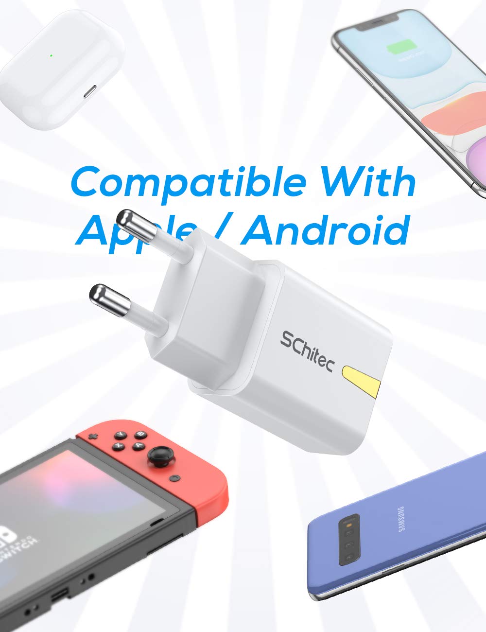 SCHITEC ładowarka USB, 2 porty USB, zasilacz 5 V/2,1 A, adapter do ładowania, USB przenośna ładowarka sieciowa do iPhone X 8 7 Samsung Galaxy S9 S8 iPad Pro Huawei LG Tablet (biały)