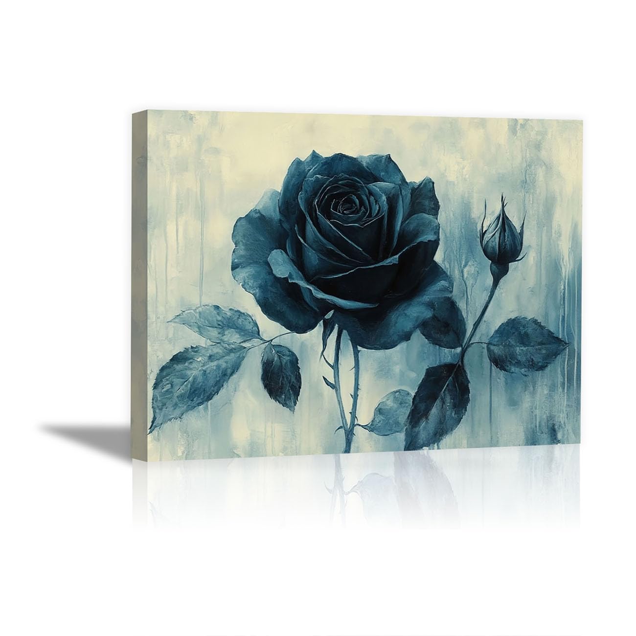 QUSAAOU Wall Art For Hallway And Stairs Monochrome Blue Rose Flower Bud Hand Drawn Work Morden Livingroom Wall Decor Nature Pictures For Bedroom Kitchen Corridor Office Decor -70x100cm Unframed