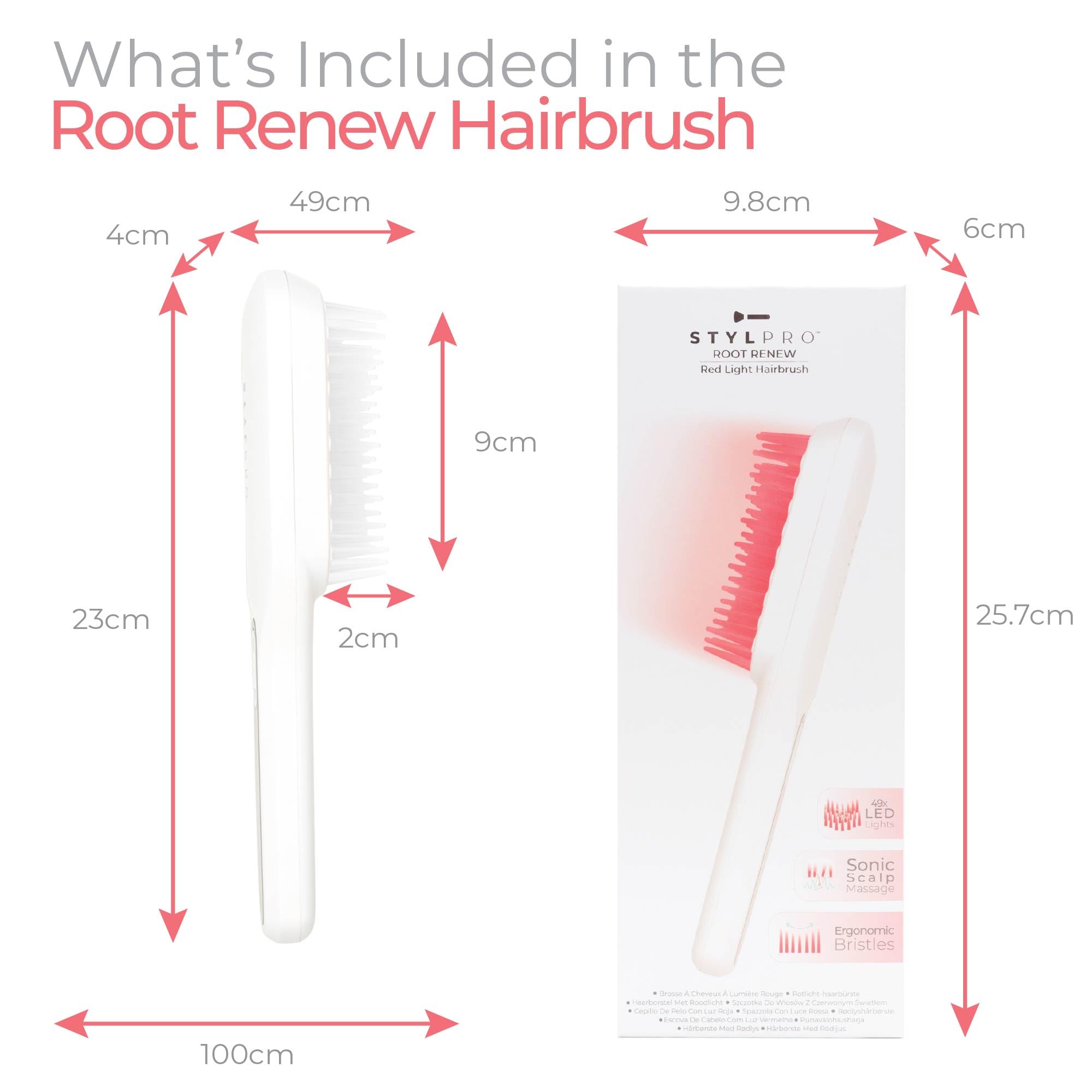 STYLPRO LED Rotlicht Haarbürste mit 49x 655nm LEDs, stimuliert Haarfollikel & Haarwachstum, fördert Haarreparatur, flexible Borsten, wiederaufladbar, Kopfhautmassage mit Ultraschall