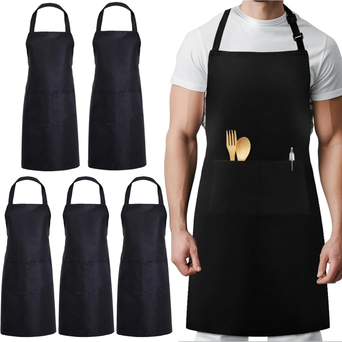 YISIMIN 5 Packs Black Chef Apron with 2 Pockets, Adjustable Bib Apron Waterproof Cooking Aprons for Kitchen Cooking Gardening Painting Baking Restaurant Barbecue Coffee
