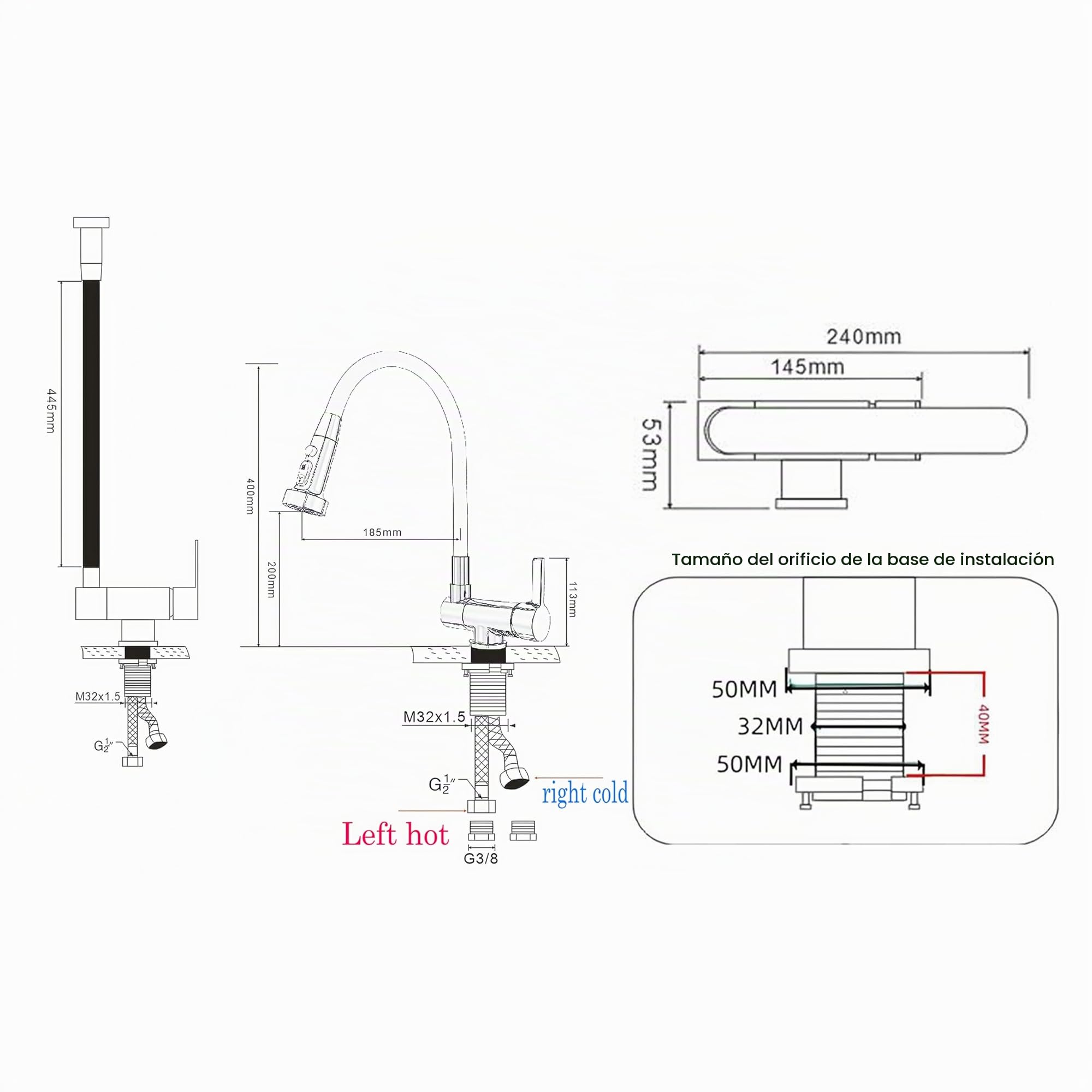 Grifo Cocina Abatible negro,Rotación Y Flexión De 360°,grifos Abatibles Cocina,3 Modos De Pulverización De Agua,Grifo De Fregadero Plegable,Grifo Monomando Bajo Ventana De Material De Latón