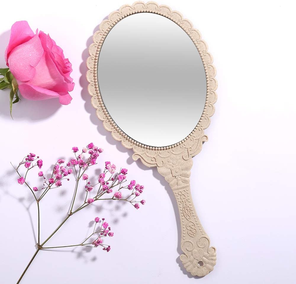 Tinland Hand Mirror with Handle Vintage Handheld Mirror Personal Vanity Makeup Compact Beauty Salon Mirror 9.8x4.5in(Ivory White) : Beauty & Personal Care