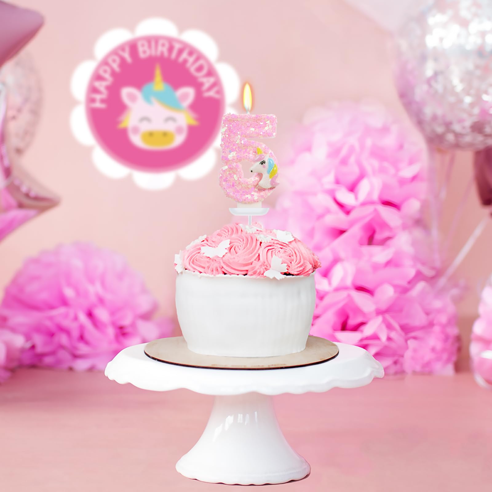 Ovanda Candela 5° compleanno ragazza, unicorno decorazione torta candela 5,3D arcobaleno unicorno candela compleanno candele numeri 5 rosa decorazione