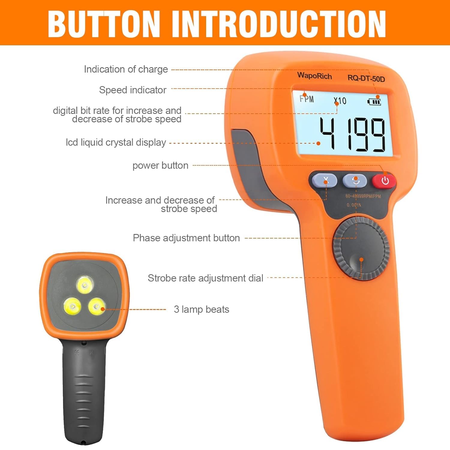DT-50D stroboscope numérique à main sans contact 60-49999 tr/min LED haute précision rechargeable écran LCD pour machines à imprimer et filer Orange