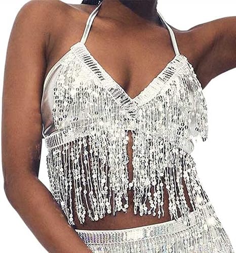 Miniatura 5 de Reetan Top corto con borlas de lentejuelas, brasier brillante para danza del vientre, para festival, rave, top halter para mujer