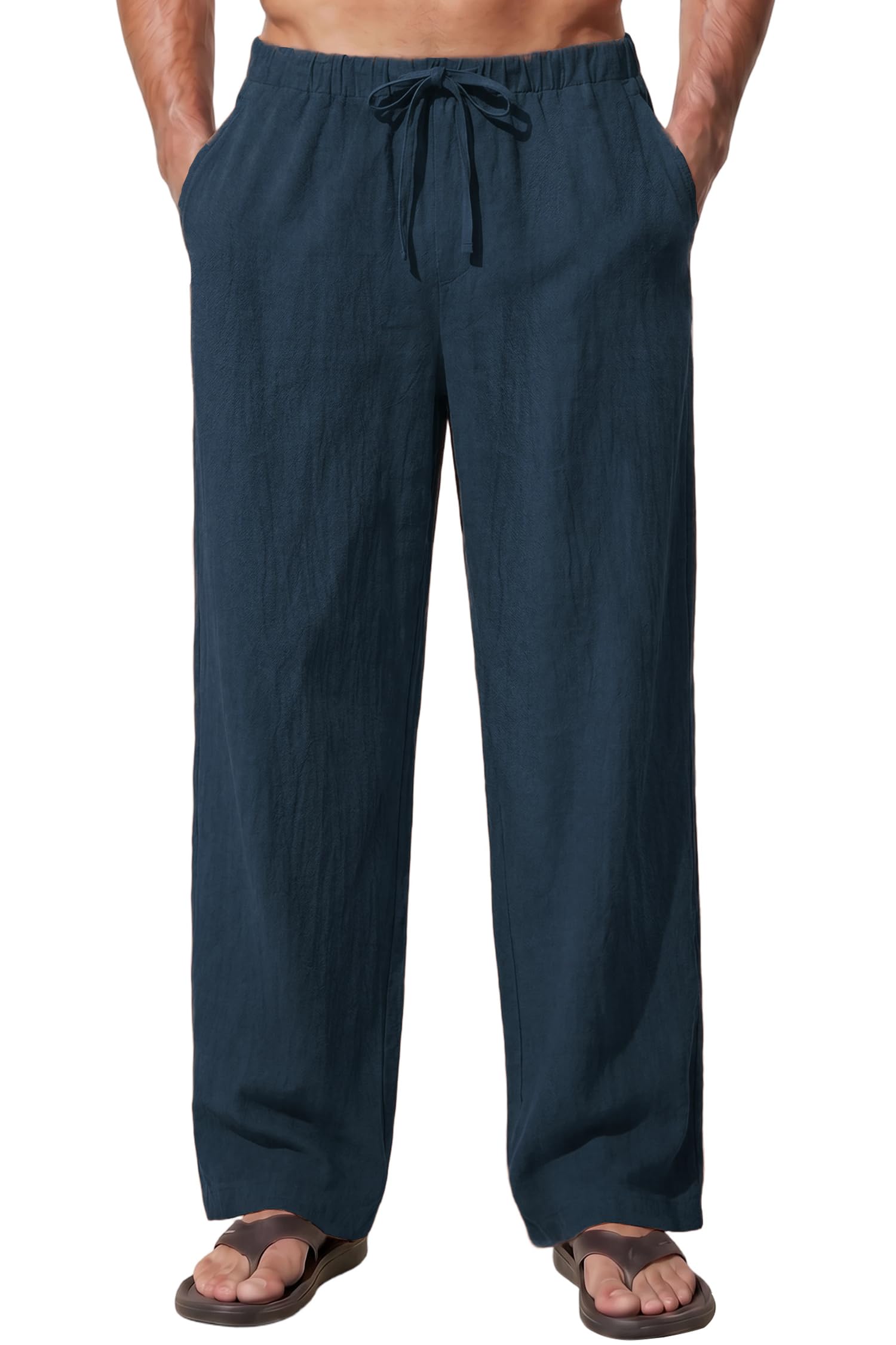 Enlision Pantalones Lino Hombre Verano Cintura Elástica Pantalones de Lino Hombre Casual con Bolsilos Ligeros S-2XL