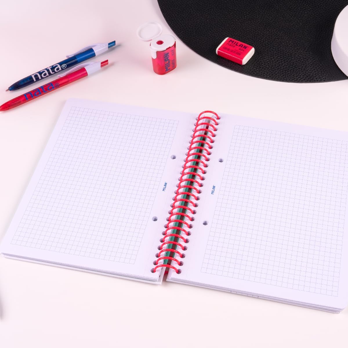 MILAN® Nata® 624 Since 1918 A5 Spiral Notebook with Hardcover Squared Paper, 80 Sheets of 95 g/m², Pink