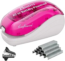 Grampeador elétrico rosa, incluindo 2000 grampos e 1 removedor de grampo, adequado para o tamanho da palma e alto conforto, capacidade para 25 folhas, adaptador CA ou alimentado por