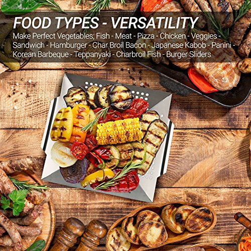 The American Grill Club Grilling Basket - Large Stainless Steel Portable Indoor Outdoor BBQ Pan - Barbeque Veggies, Kabobs or Charbroil Fish in Backyard or While Camping with Propane Gas or Charcoal - Thumbnail 4