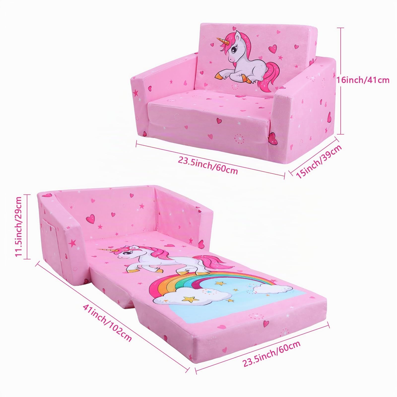 Faltbarer KinderSofa-Rückenlehen-Sessel 2 in 1, Standfest Kindersessel mit Stofftasche und Rutschfestes Kissen, Weiche Leichte Flip Open Kinderstuhl für Schlafzimmer Wohnzimmer Spielzimmer, Einhorn